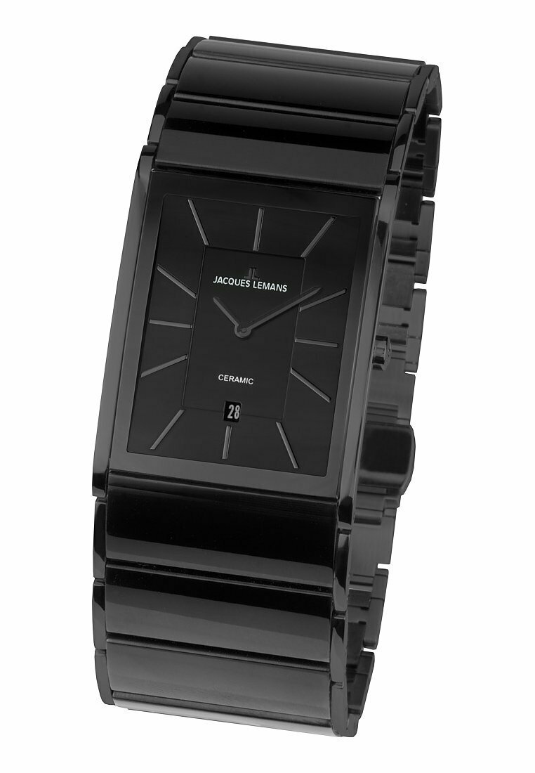 Schwarze Keramikuhr mit rechteckigem Gehäuse, minimalistischer Design, silbernen Stundenmarkierungen und einem Datumsdisplay am unteren Rand. Gebürstete Oberfläche.