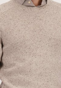 Pull en tricot beige à motifs porté sur une chemise à boutons beige clair, montrant le col et le haut du torse du porteur.