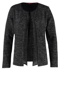 Czarny sweter o fakturze z otwartym przodem, długimi rękawami i bez zapięć. Posiada delikatny melanżowy wzór na całej powierzchni.