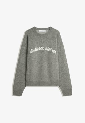 Gray knitted sweater with a crew neck, featuring white embroidered text "laidback stories" across the chest, ribbed cuffs, and hem.
