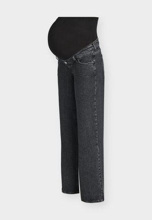 Zwarte zwangerschapsjeans met een rekbare tailleband, rechte pijpen en een denim textuur, voorzien van klassieke vijfzakkenstijl en subtiele stiksels.