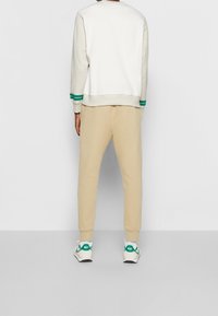 Cremefärgad sweatshirt med gröna randiga ärmslut, beige sweatpants och sneakers med gröna detaljer. Avslappnad passform, mjuk textur.