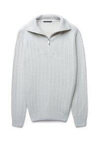 Maglione grigio chiaro con collo a mezza cerniera, motivo lavorato a maglia strutturato, polsini e fascia in vita a coste. Presenta un design con scollo quadrato.
