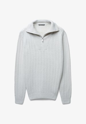 Hellgrauer Pullover mit halbhohem Reißverschlusskragen, strukturiertem Strickmuster, gerippten Bündchen und Bund. Verfügt über ein quadratisches Ausschnittdesign.