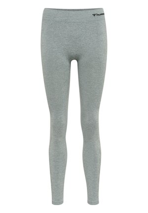 Szare legginsy wykonane z miękkiego, rozciągliwego materiału o dopasowanym kroju. Posiadają płaski pas i małe logo na górze.