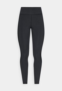 Black high-waisted seamless leggings with flatlock stitching, designed for athletic or casual wear, shown against a plain white background.