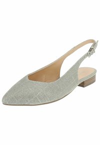 Ballerines à bride arrière en tissu texturé gris clair avec un bout pointu et un petit talon en bois. Comprend une bride ajustable à la cheville.