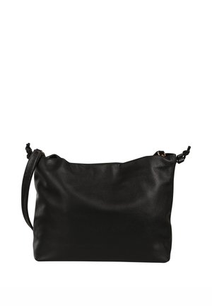 Black textured leather shoulder bag with a knotted strap detail on white background.