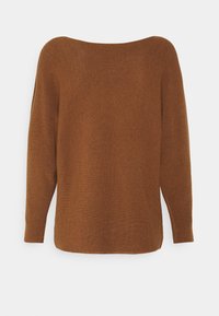Brązowy sweter dzianinowy o luźnym kroju, szerokim dekolcie, długich rękawach i prążkowanej strukturze. Miękka, ciepła tkanina zrelaksowanej sylwetki.
