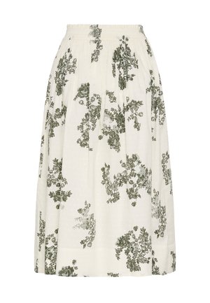 Fehér midi szoknya zöld virágmintával, rugalmas derékrésszel és finom textúrával rendelkező anyaggal.