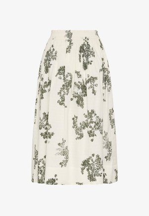 Fehér midi szoknya zöld virágmintával, rugalmas derékrésszel és finom textúrával rendelkező anyaggal.