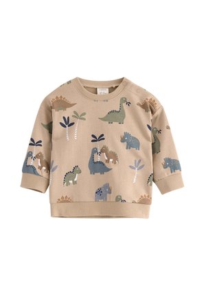 Bežová mikina s potlačou dinosaura v zelenej, modrej a hnedej farbe. Zúžené manžety a spodný lem, so zapínaním na patentky na pleci.