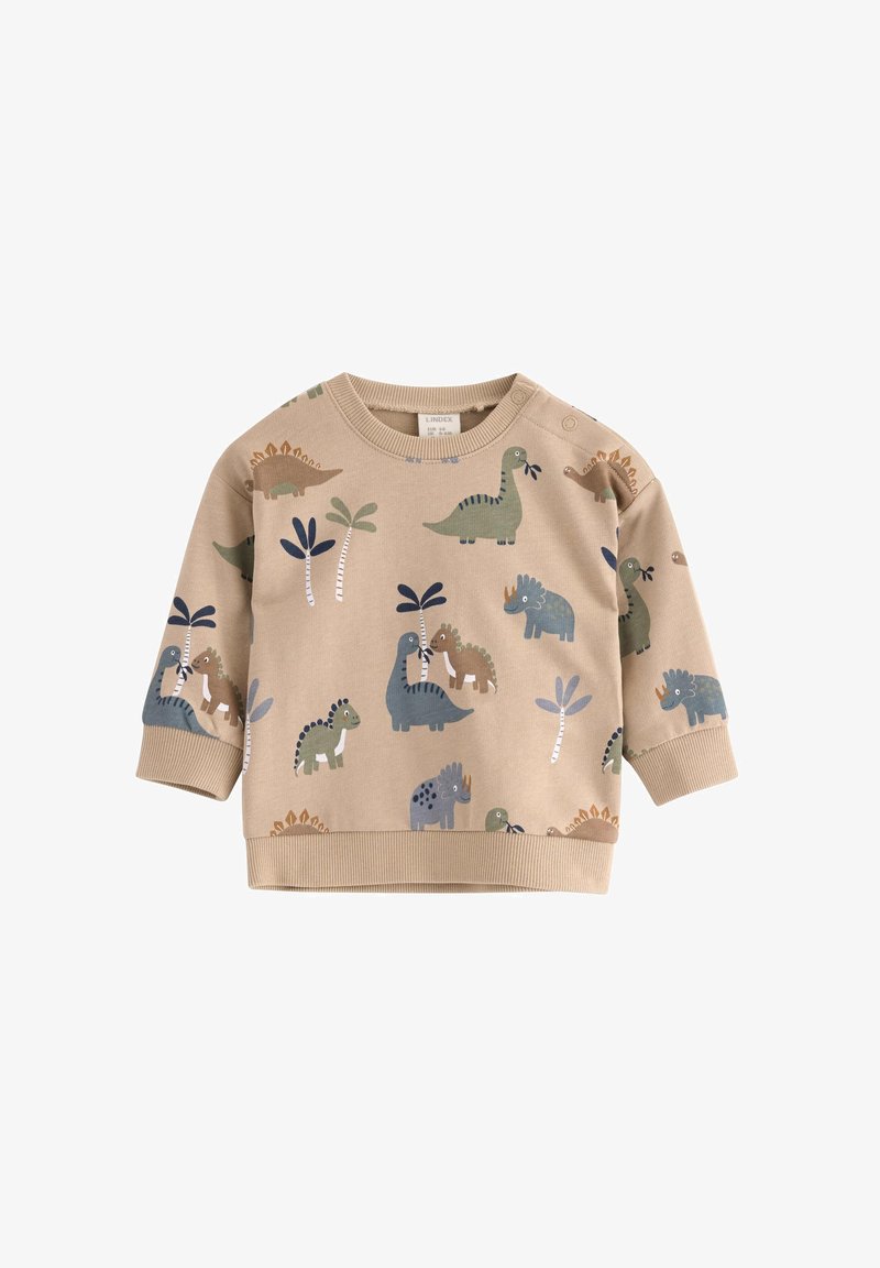 Beige sweatshirt featuring a dinosaur print in green, blue, and brown hues. Ribbed cuffs and hem, with snap closures at the shoulder.