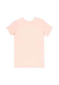 T-shirt corto rosa chiaro con maniche corte realizzato in morbido tessuto di cotone. Collo rotondo e un design semplice senza motivi o accenti.