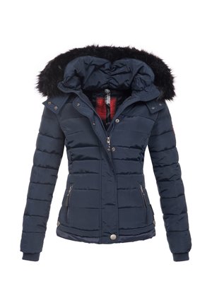Chaqueta acolchada azul marino con capucha de piel sintética negra, cremallera frontal, botones a presión y bolsillos laterales con cremallera, diseñada para climas fríos.