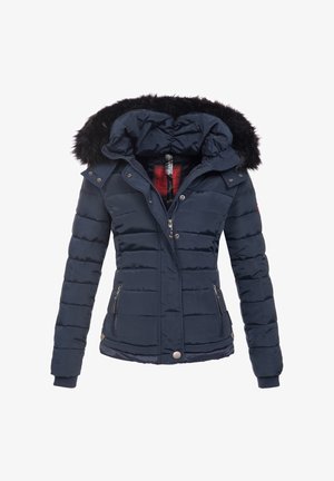 Giacca imbottita blu navy con cappuccio in pelliccia sintetica nera, zip frontale, bottoni a pressione e tasche laterali con zip, progettata per il freddo.