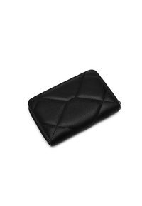 Black leather wallet with a quilted pattern, featuring a rectangular shape, zipper closure, and smooth texture. No visible hardware accents.