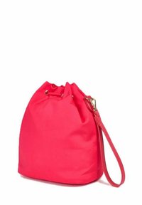 Borsa a secchiello in nylon rosa con parte superiore ristringibile, cordoncino in tessuto e tracolla staccabile. Texture liscia, forma arrotondata.