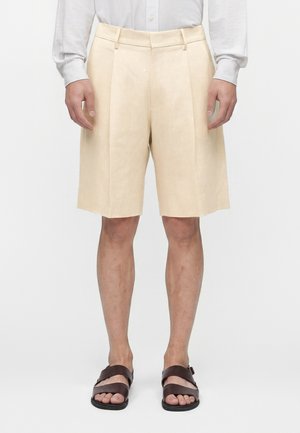 Homme portant un short plissé beige au genou, une chemise rayée claire et des sandales marron foncé, debout sur un fond blanc uni.
