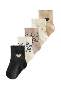 Five pairs of toddler socks in varying colors: black with a heart, cream with hearts, brown with dots, and beige with a subtle texture.