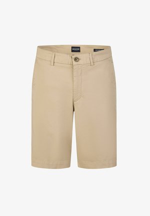 Beige katoenen shorts met een rechte snit, voorzien van een knoopsluiting, riemlussen en zijzakken. Vlotte textuur, casual stijl.