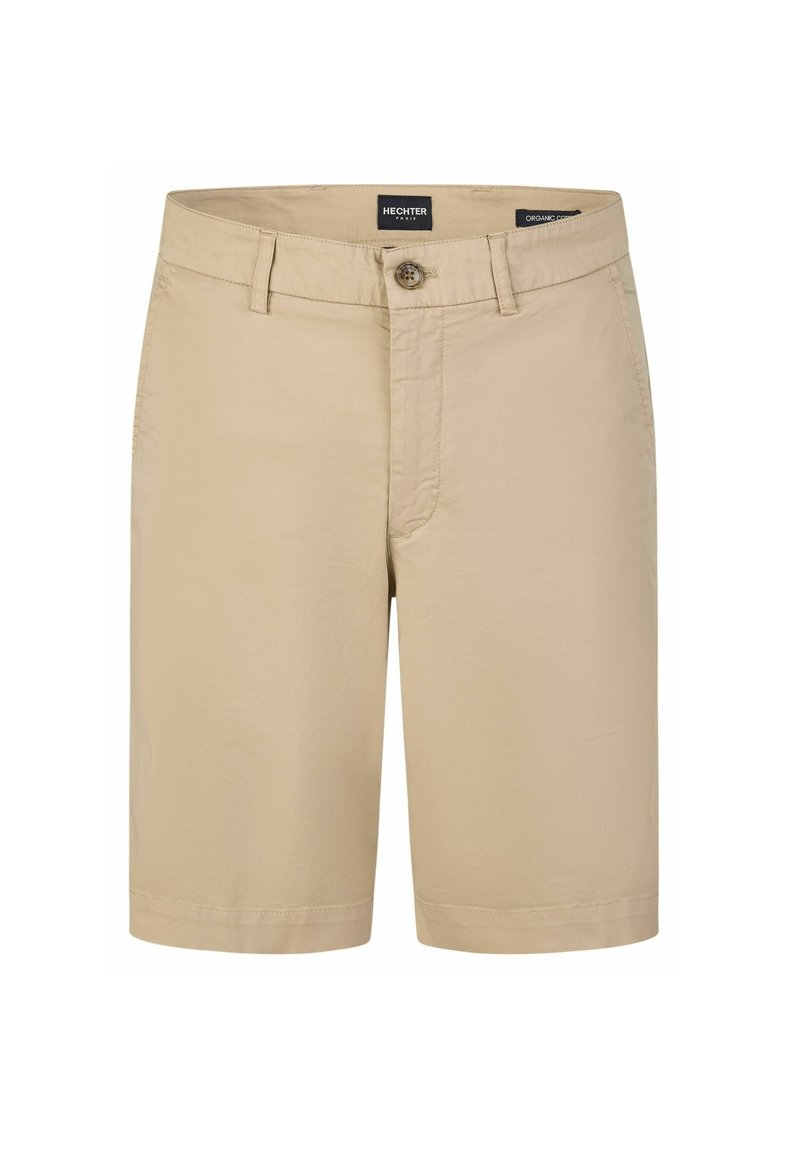 Beige Baumwollshorts mit geradem Schnitt, Ausstattung mit Knopfverschluss, Gürtelschlaufen und Seitentaschen. Glatte Textur, lässiger Stil.