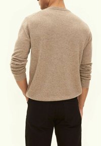 Beige gestrickter Pullover mit langen Ärmeln, Rundhalsausschnitt und gerippten Bündchen, kombiniert mit schwarzen Hosen, die ein einfaches und lässiges Design zeigen.