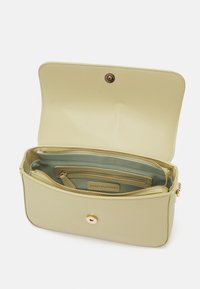 Borsa in pelle verde chiaro con chiusura magnetica. L'interno presenta una tasca con zip e due scomparti, tutti foderati in un verde più chiaro.