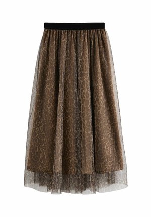 Brun leopardmönstrad kjol gjord av genomskinligt material med ett svart elastiskt midjeband, lagerdesign och en lätt utfläkt silhuett.