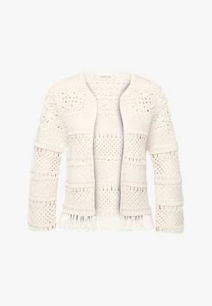 Weißes Kurzjackett mit offenen Front, das kunstvolle gewebte Muster, strukturierte Akzente und fransige Details am Saum aufweist. Aus leichtem Material gefertigt.