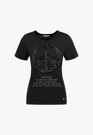 Schwarzes kurzärmeliges T-Shirt mit einem großen glitzernden Peace-Symbol und darunterstehendem Text mit einem romantischen Zitat aus Key Largo.