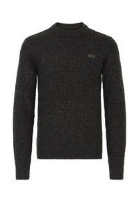 Mørkegrå strikket sweater med rund halsudskæring, lange ærmer og en tekstureret mønster. Har et lille rektangulært mærke på brystet.