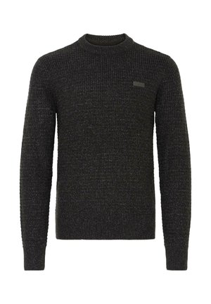 Mörkgrå stickad tröja med rund halsringning, långa ärmar och ett strukturerat mönster. Har en liten rektangulär etikett på bröstet.