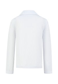 Long-sleeve shirt with a back view. Made of light fabric, featuring vertical blue and white stripes, a collar, and a straight hem.