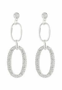 Stříbrné visací náušnice s kulatými krystalovými kamínky, propojenými oválnými kroužky a většími oválnými závěsy posázenými malými čirými krystaly.