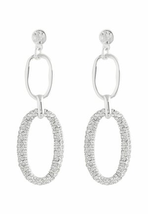 Strieborné náušnice so zaoblenými crystalovými študmi, prepojenými oválnymi prstencami a väčšími oválnymi príveskami, posiatymi malými priehľadnými kryštálmi.
