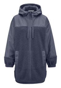 Giacca a vento blu navy con cappuccio, caratterizzata da un pannello frontale in pile, tasche laterali e polsini elasticizzati. Realizzata con materiali misti e dalla finitura liscia.