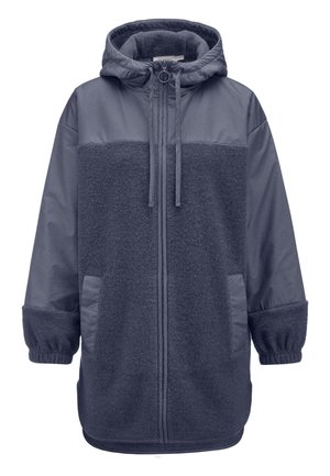 Giacca a vento blu navy con cappuccio, caratterizzata da un pannello frontale in pile, tasche laterali e polsini elasticizzati. Realizzata con materiali misti e dalla finitura liscia.