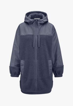 Navy hooded jacket featuring a fleece front panel, side pockets, and elasticized cuffs. Made from mixed materials with a smooth finish.