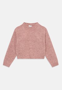 Mykete strikket cropped genser i støvete rosa med ribbestruktur, lange ermer og rund hals, liggende flatt på hvit bakgrunn.