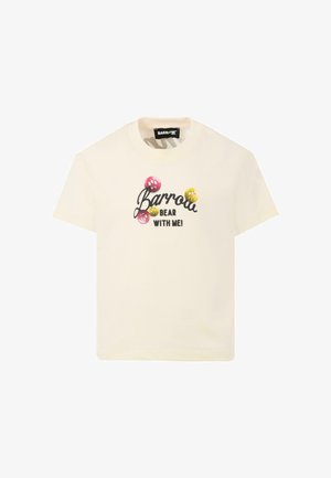T-shirt in cotone crema con stampa grafica contenente il testo "Barrow BEAR WITH ME!" e dettagli colorati, maniche corte e collo rotondo.