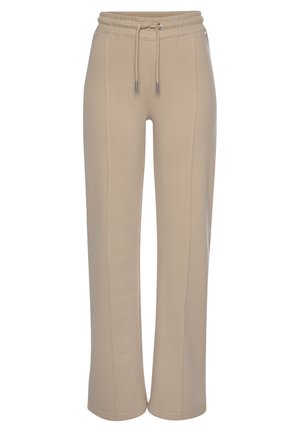 Beige sweatpants with a relaxed fit, featuring an elastic waistband and drawstring, finished with side seams and straight leg design.