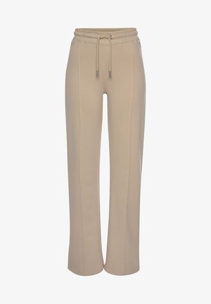Beige sweatpants with a relaxed fit, featuring an elastic waistband and drawstring, finished with side seams and straight leg design.