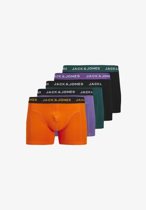 Cinq paires de boxers pour hommes : orange, violet, turquoise, noir. Chacune a une ceinture contrastante avec le logo "JACK & JONES" en blanc. Tissu en coton lisse.
