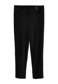 Mustad sametpüksid, millel on sile tekstuur, elastne vöökoht ja kaks esikinnistust nööpidega. Lühendatud pikkus ja sirge sääre disain.