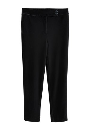 Pantaloni din catifea neagră cu textură netedă, talie elastică și două închideri cu nasturi în față. Lungime cropped cu design cu picior drept.