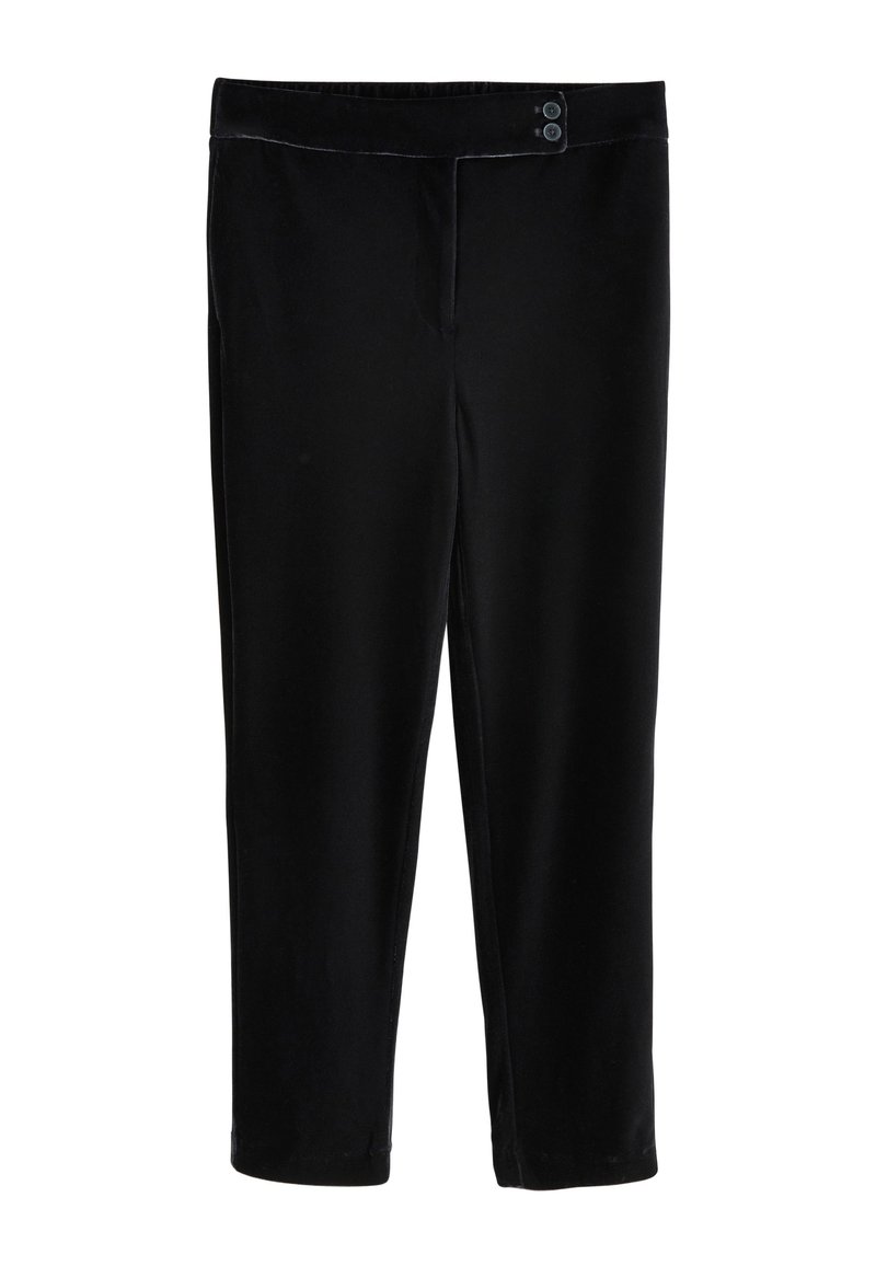 Mustad sametpüksid, millel on sile tekstuur, elastne vöökoht ja kaks esikinnistust nööpidega. Lühendatud pikkus ja sirge sääre disain.
