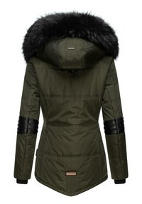 Green padded jacket with a black faux fur hood, quilted design, faux leather accents on sleeves, and logo patch at the back.