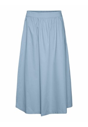 Jupe fluide bleu clair en coton, équipée d'une ceinture élastique et de détails froncés pour une coupe décontractée. L'ourlet tombe sous le genou.