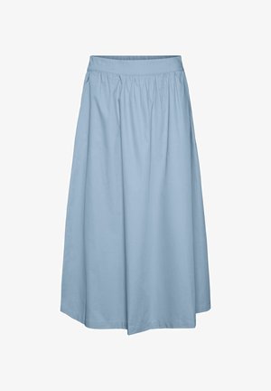 Helehall sinine, voogav puuvillane seelik, millel on elastne vöökoht ja kogutud detailid mugava istuvuse jaoks. Äär ulatub põlve alla.